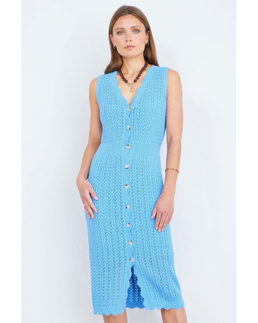Yumi' Blue Scallop Edge Crochet Knitted Midi Dress