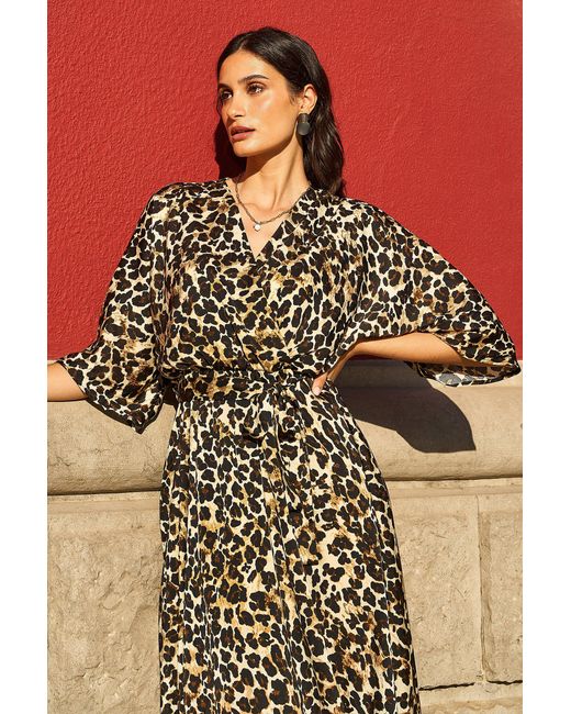 Yumi' Natural Leopard Midi Wrap Dress With Kimono Sleeves