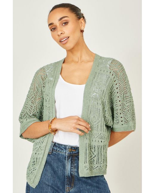 Yumi' Green Crochet Edge To Edge 3/4 Sleeve Cardigan