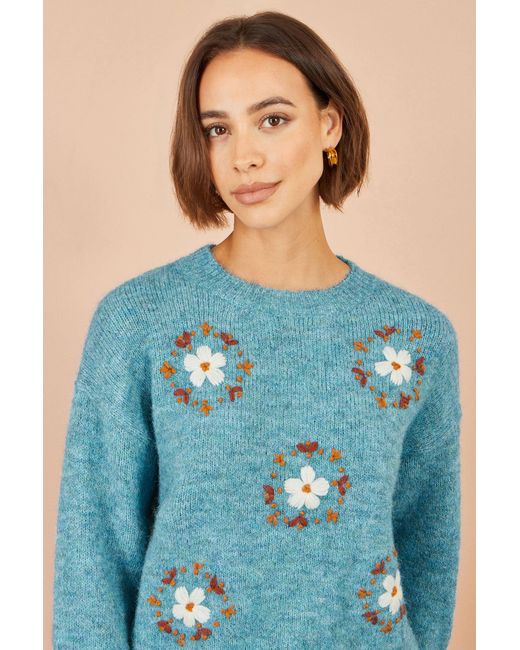 Yumi' Blue Patch Floral Embroidered Relaxed Jumper