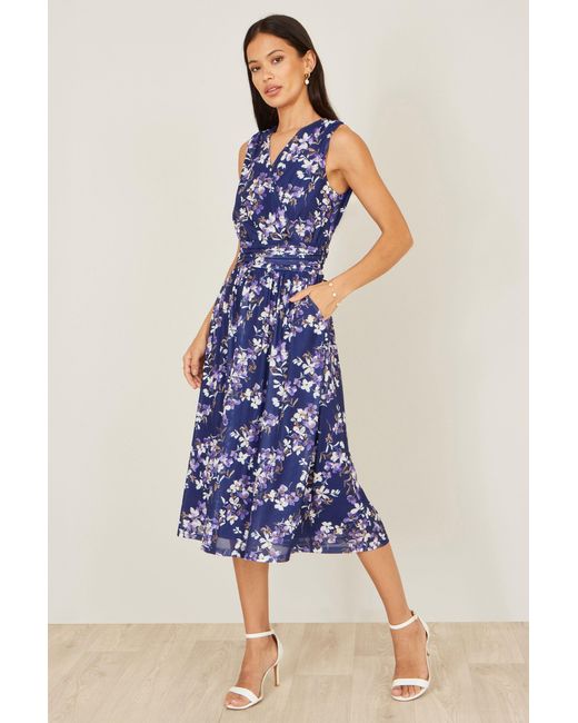 Yumi' Blue Blossom Print Mesh Stretch Midi Dress With Pockets