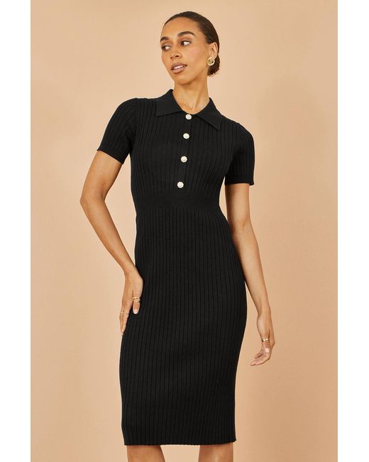 Yumi' Black Fitted Rib Knitted Midi Dress With Daisy Buttons