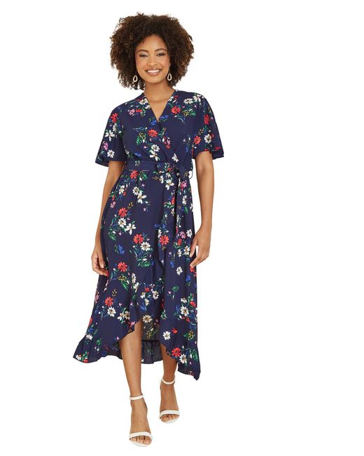 Mela Blue Floral Wrap Dress With Frill Hem