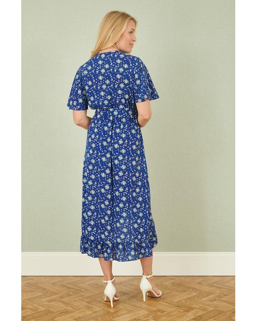 Yumi' Blue Floral Wrap Dress With Frill Hem