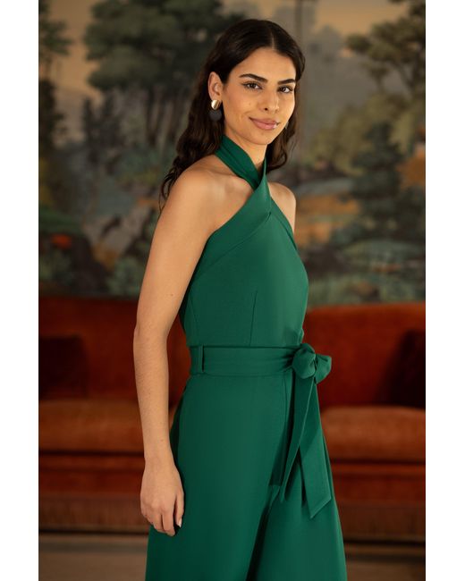 Yumi' Green Cross Over Halter Neck Jumpsuit