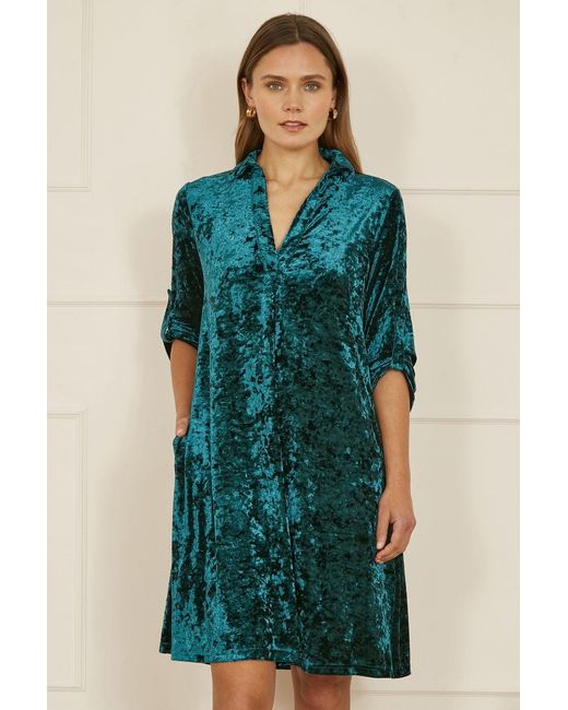 Yumi' Blue Velvet Tunic Dress With 3/4 Sleeves