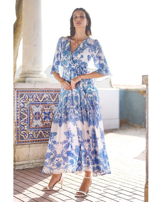 Yumi' Blue Paisley Wrap Maxi Dress With 3/4 Sleeve