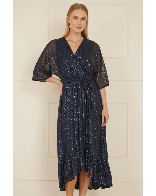 Yumi' Blue Sequin Kimono Midi Wrap Dress