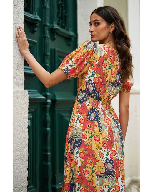 Yumi' Multicolor Multicolour Floral Patchwork Print Midi Shirt Dress