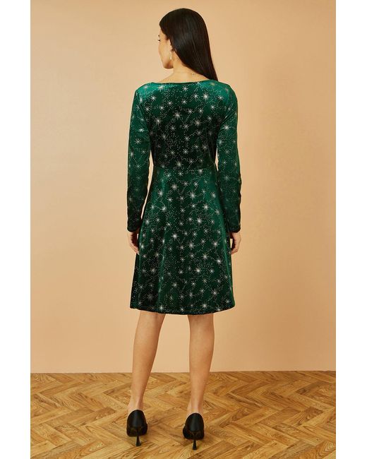 Yumi' Green Starburst Foil Print Long Sleeve Skater Dress
