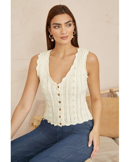 Yumi' Natural V Neck Button Down Crochet Knitted Top