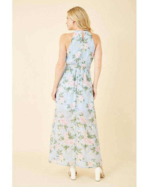 Mela London Natural Mela Rose Print Halter Neck Maxi Dress