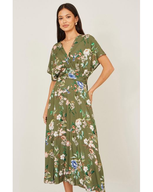 Yumi' Green Viscose Floral Print Midi Dress With Ruched Waist
