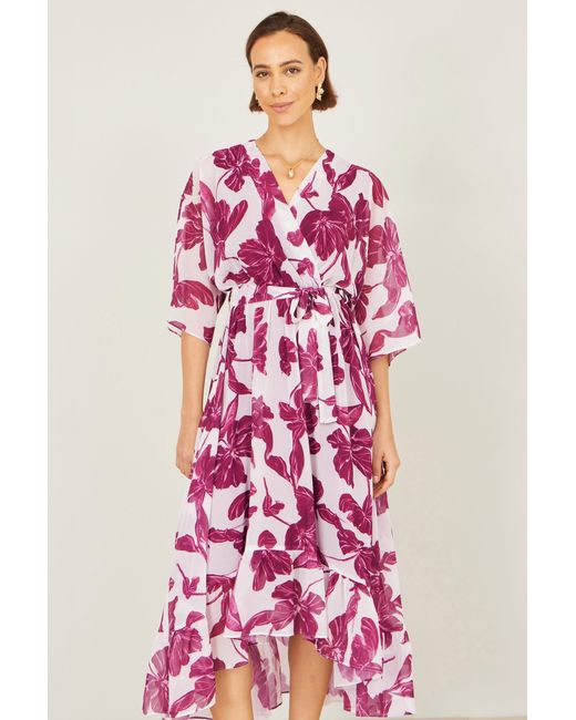 Yumi' Pink Kimono Sleeves Midi Dip Hem Wrap Midi Dress