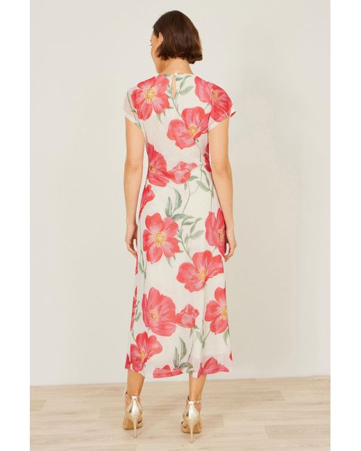 Yumi' Red Poppy Print Midi Mesh Dress