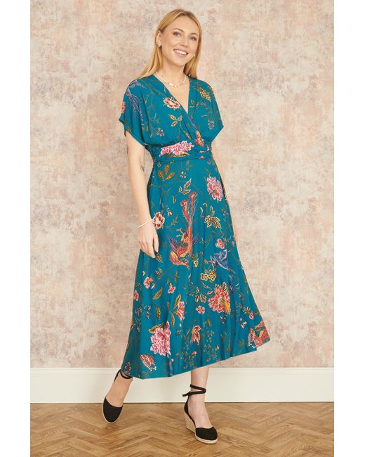 Yumi' Blue Bird And Floral Print Ruched Waist Kimono Midi Dress