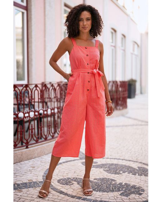 Yumi' Red Gingham Button Through Jumpsuit