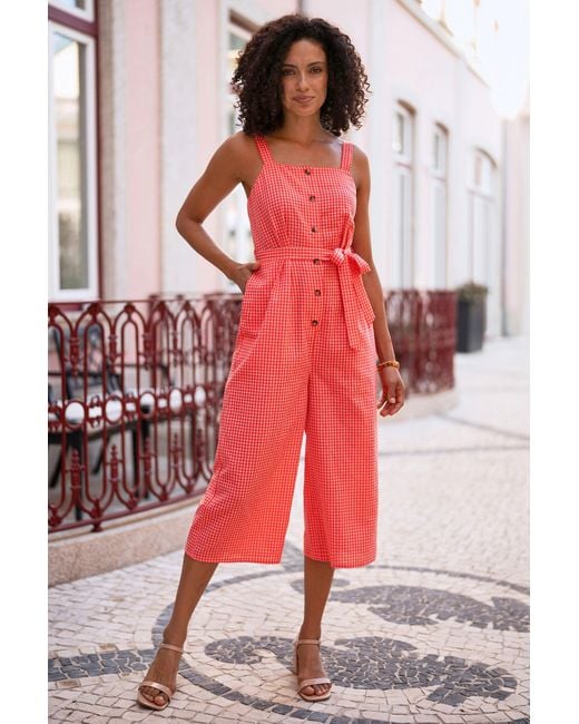 Yumi' Red Gingham Button Through Jumpsuit