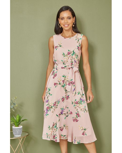 Yumi' Green Blush Floral Print Midi Skater Dress