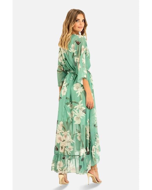 Yumi' Green Floral Kimono Sleeves Dip Hem Wrap Midi Dress