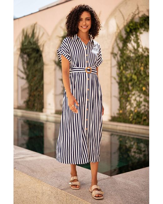 Yumi' Black Stripe Print Relaxed Midi Shirt Dress With Belt