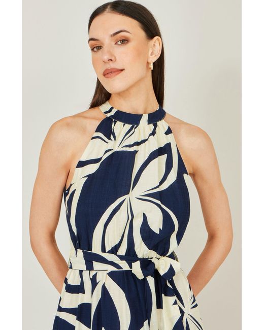 Yumi' Blue Geo Swirl Print Halter Maxi Dress