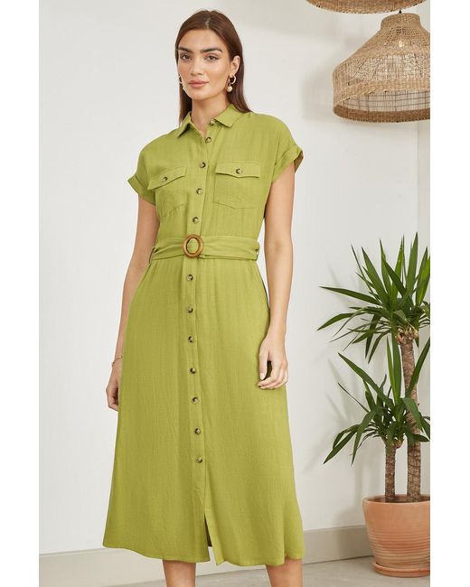 Yumi' Green Viscose Linen Look Midi Shirt Dress With Wooden Belt