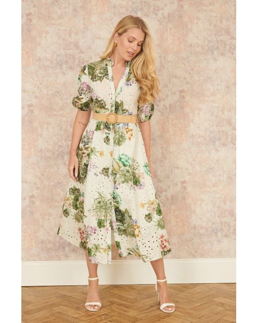 Yumi' Natural Cotton Broderie Anglaise Midi Shirt Dress