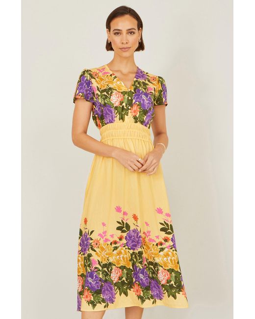 Yumi' Metallic Floral Mirror Print Viscose Midi Dress