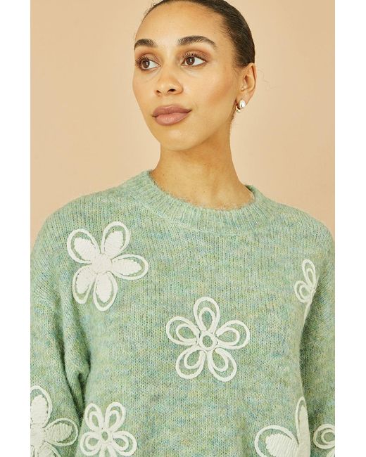 Yumi' Green Relaxed Knitted Jumper With Crochet Flowers