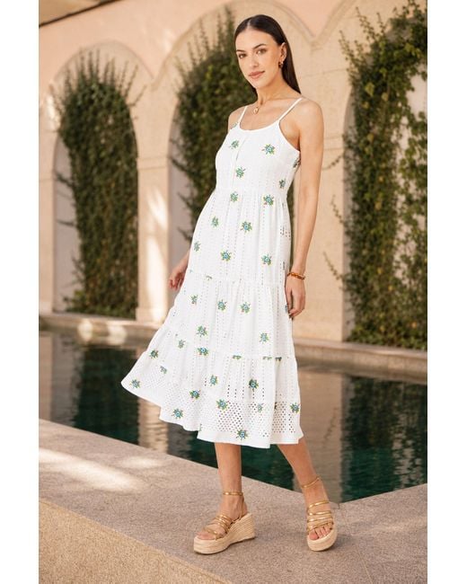 Yumi' Blue Cotton Embroidered Broderie Anglaise Midi Sun Dress