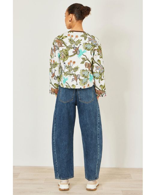 Yumi' Blue Botanical Print Reversible Cotton Quilted Jacket