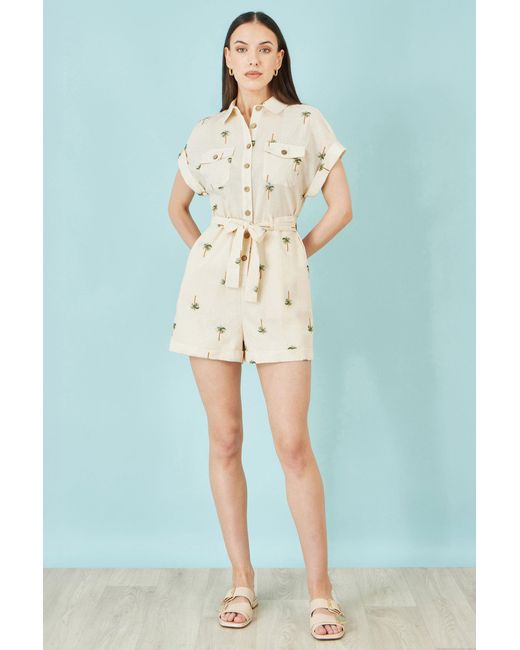 Yumi' Natural Embroidered Palm Print Cotton Playsuit