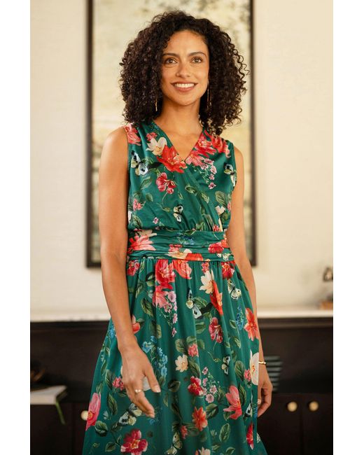 Yumi' Green Blurred Floral Print Mesh Stretch Midi Dress With Pockets