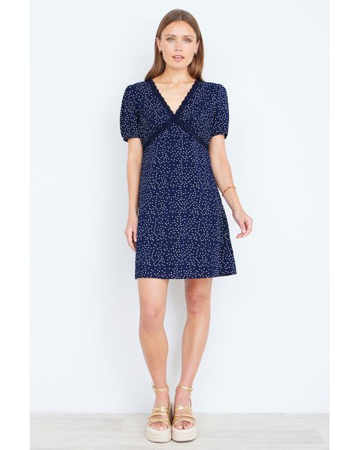 Yumi' Blue Spot Print Lace Trim Skater Dress