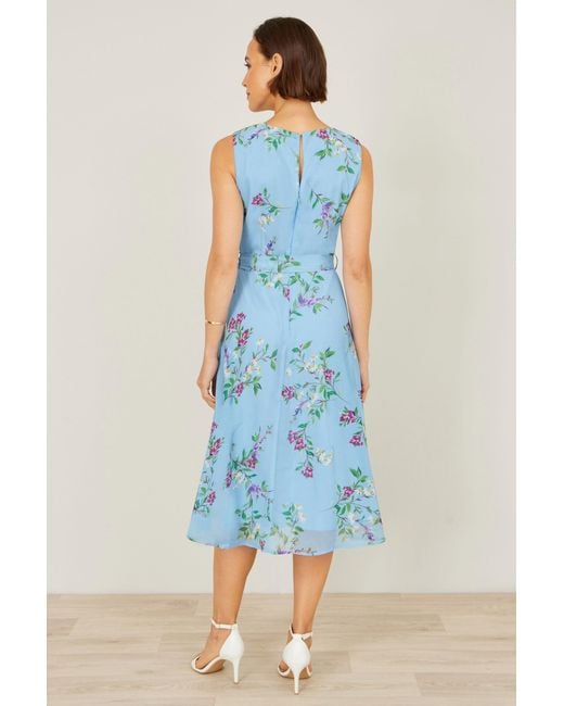 Yumi' Blue Floral Print Midi Skater Dress