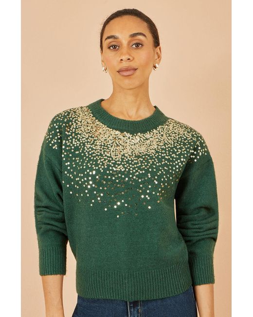 Yumi' Green Relaxed Knitted Jumper With Scattered Sequin Neckline