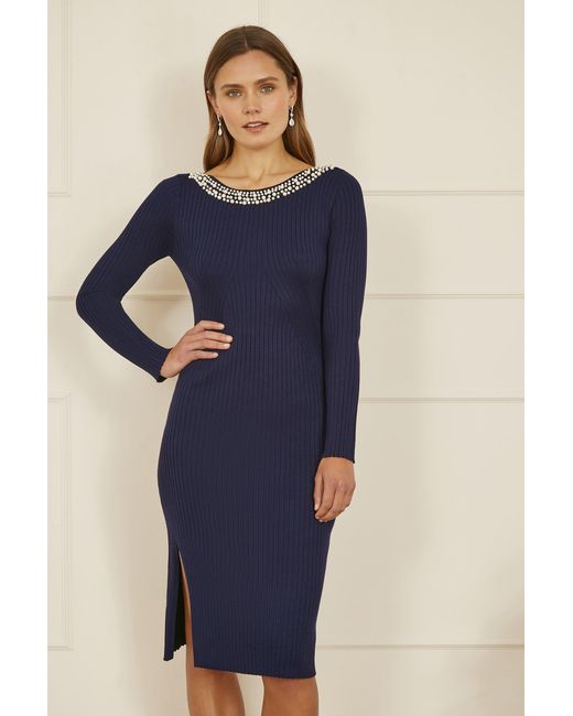 Yumi' Blue Pearl Neckline Fitted Midi Knitted Dress