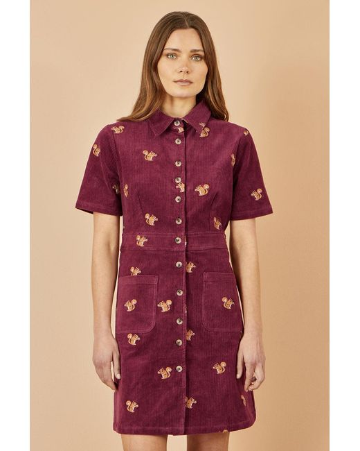 Yumi' Red Cord Shirt Dress With All Over Squirrel Embroidery