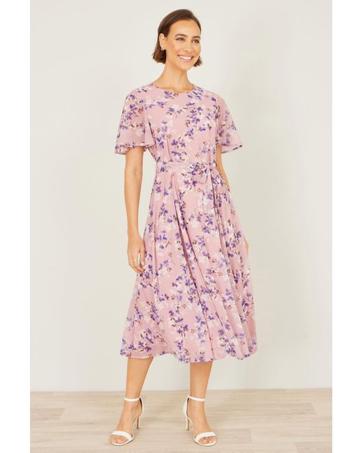 Yumi' Pink Blossom Skater Midi Dress With Angel Sleeves