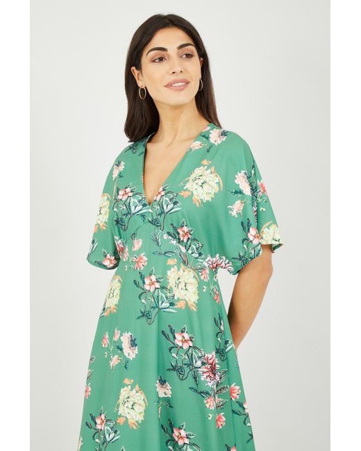 Yumi' Green Sage Oriental Blossom Print Kimono Dress