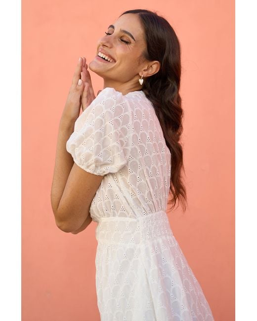 Yumi' Brown Broderie Anglaise Midi Dress With Split Hemline