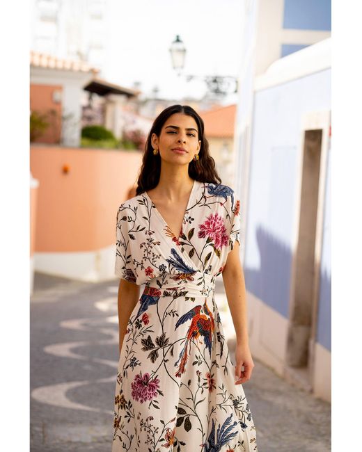Yumi' Orange Ivory Bird And Floral Print Ruched Waist Kimono Midi Dress