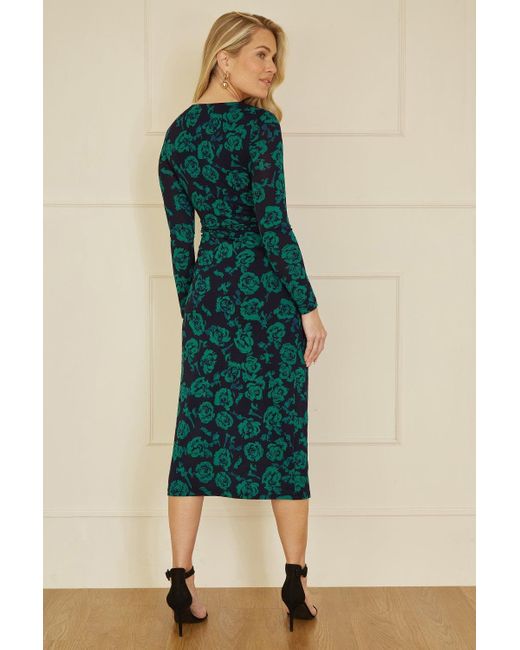 Yumi' Blue Floral Fitted Mesh Midi Dress With Long Sleeves