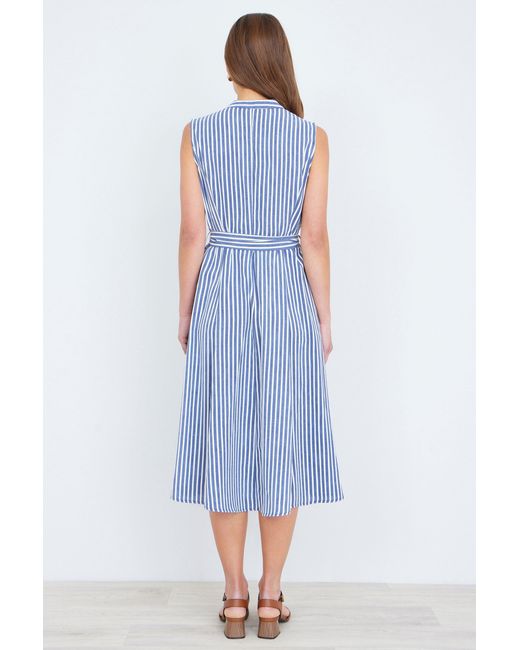 Yumi' Blue Stripe Midi Sleeveless Shirt Dress