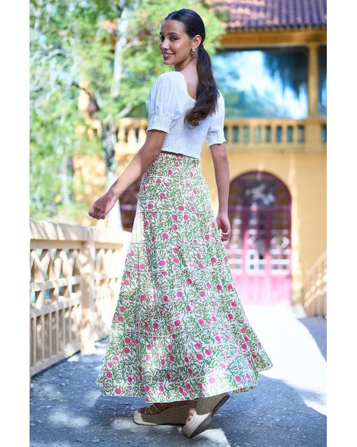 Yumi' White Boho Print Cotton Floral Maxi Skirt
