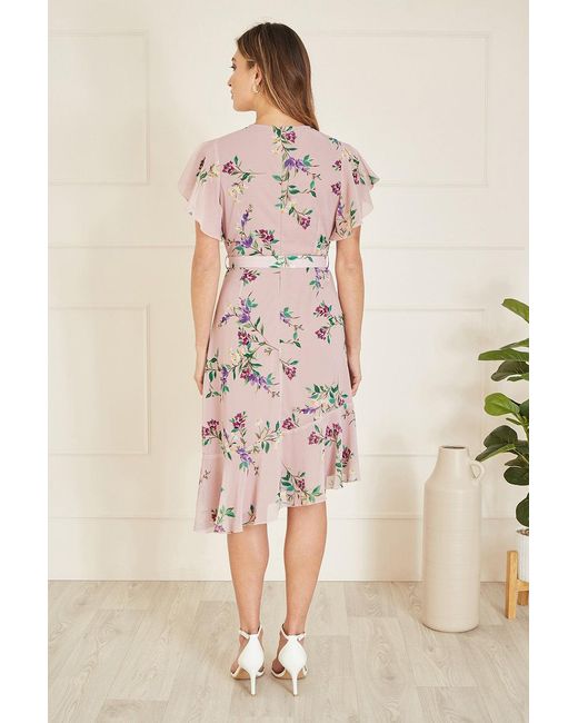 Yumi' Natural Blush Wrap Over Midi Dress With Frill Details And Matching Belt