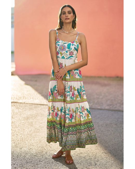Yumi' Green Floral Block Print Tiered Maxi Sun Dress
