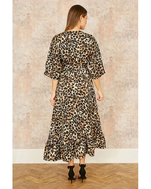 Yumi' Natural Leopard Midi Wrap Dress With Kimono Sleeves