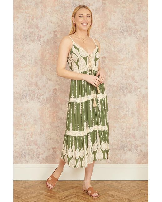 Yumi' Natural Viscose Paisley Print Lace Trim Midi Sun Dress